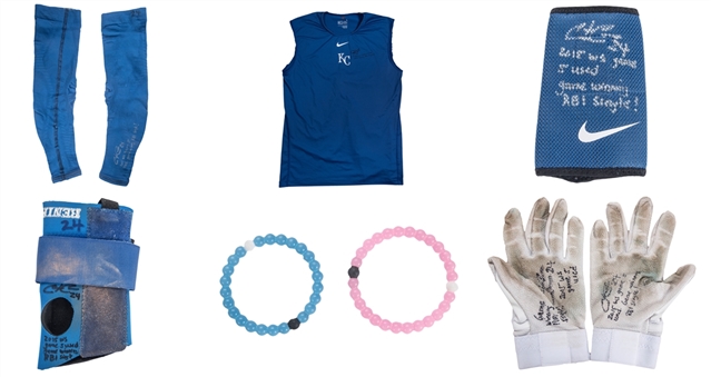 Lot of (6) Christian Colon 2015 World Series Used & Signed Kansas City Royals Accessories Including Batting Gloves, Arm Sleeve, Undershirt & Bracelets (Anderson Authentics)